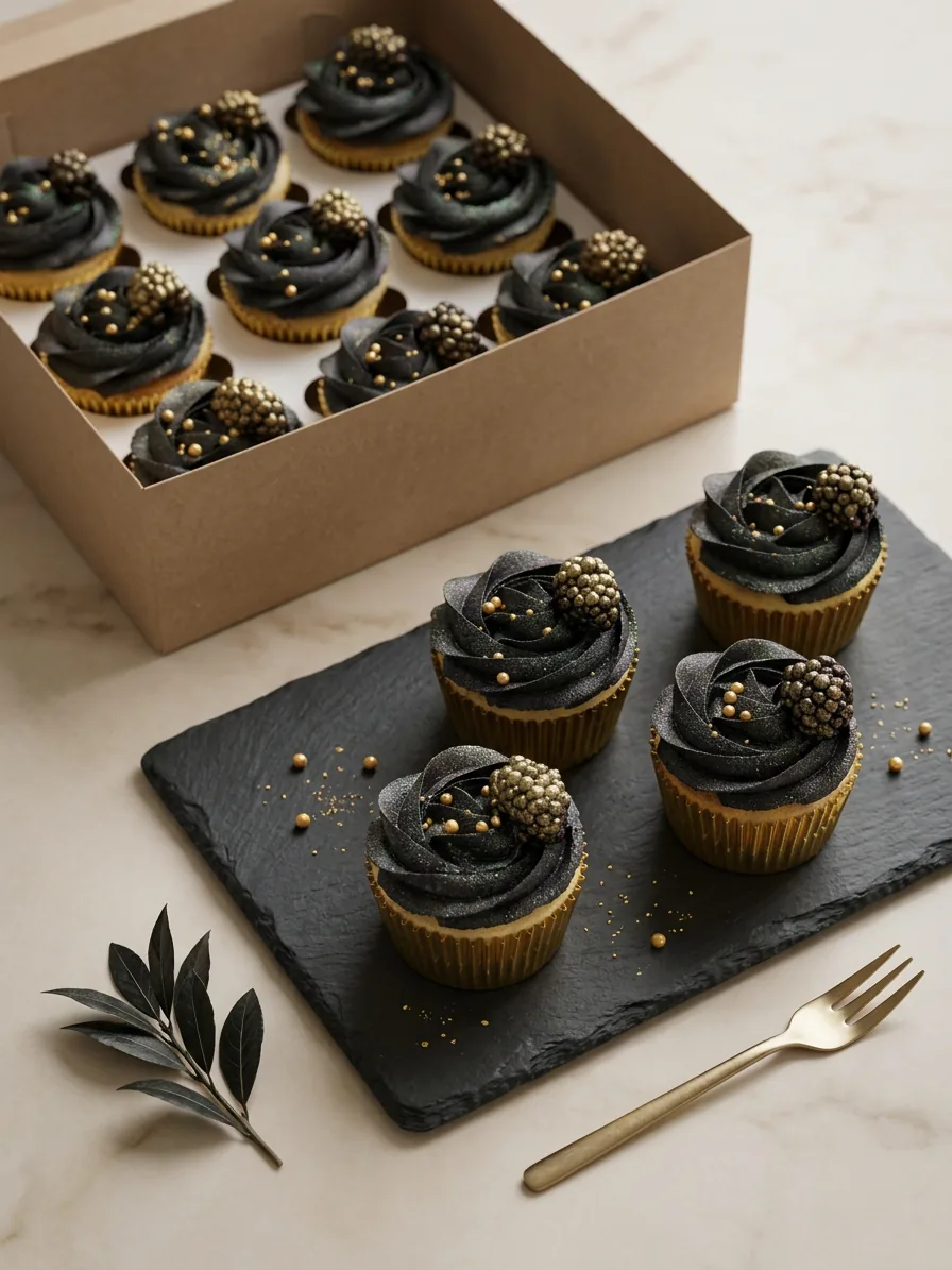 Black and gold cupcakes arranged in a box and on a serving board