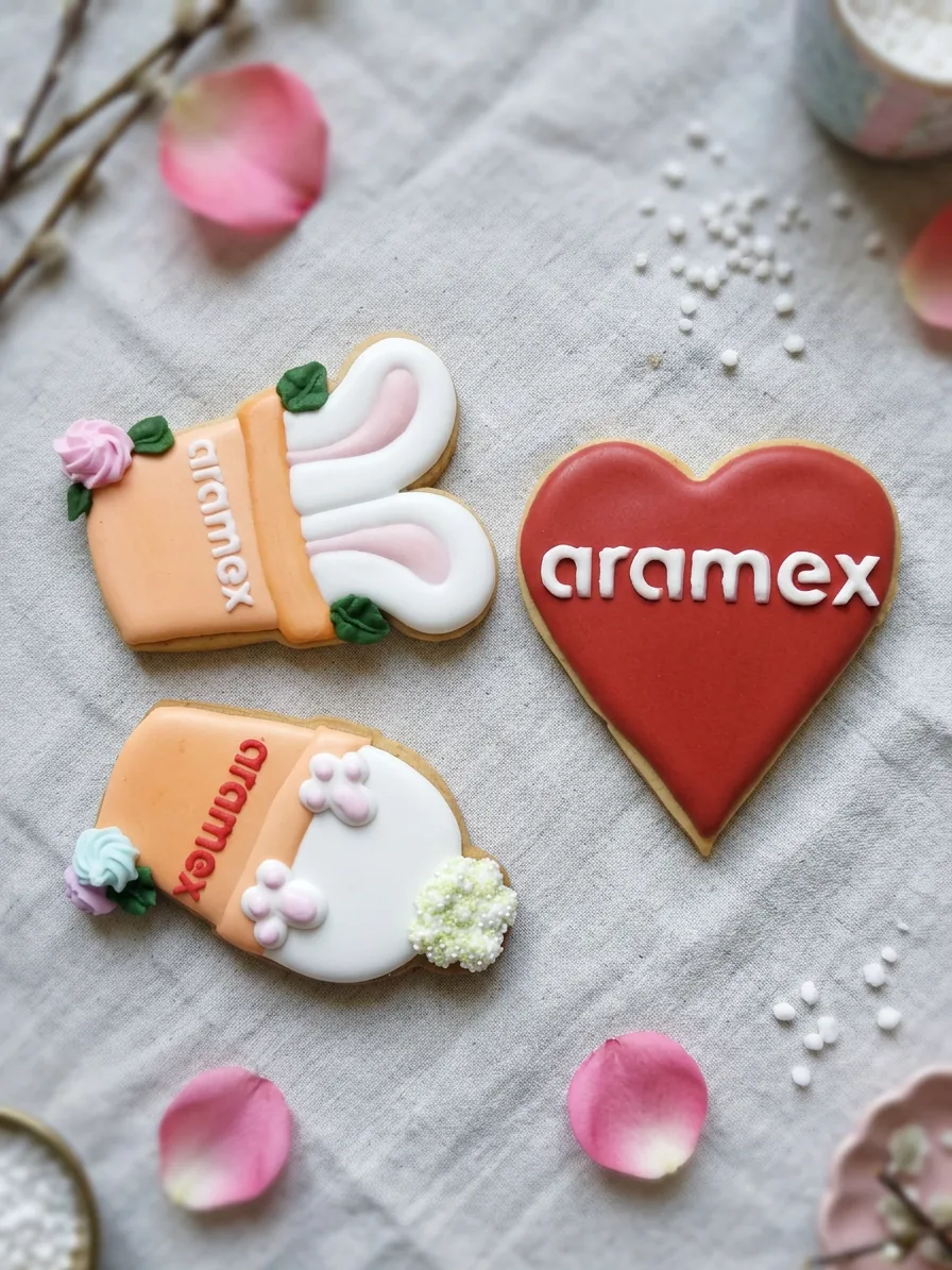 Pastel bunny-shaped iced cookies with soft floral decoration