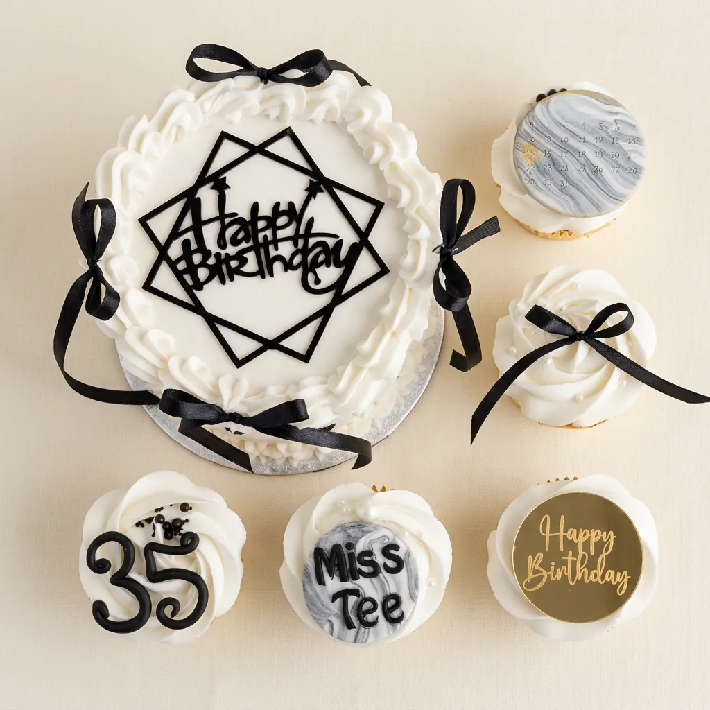 White birthday cake with black ribbon and cupcakes