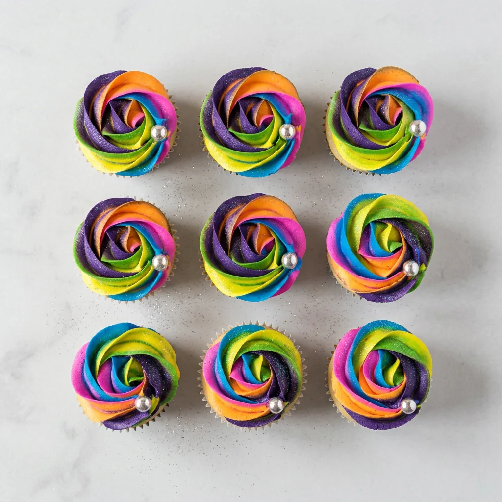 Rainbow cupcakes arranged in a neat grid