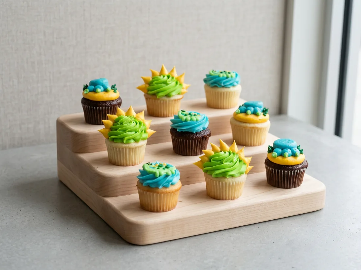 Bright turquoise, green and yellow dinosaur-themed cupcakes on a wooden stand