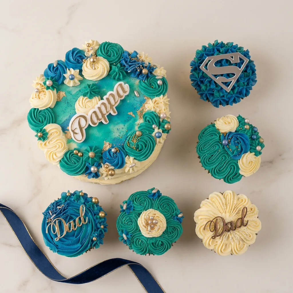 Cake and cupcakes styled together as a celebration display