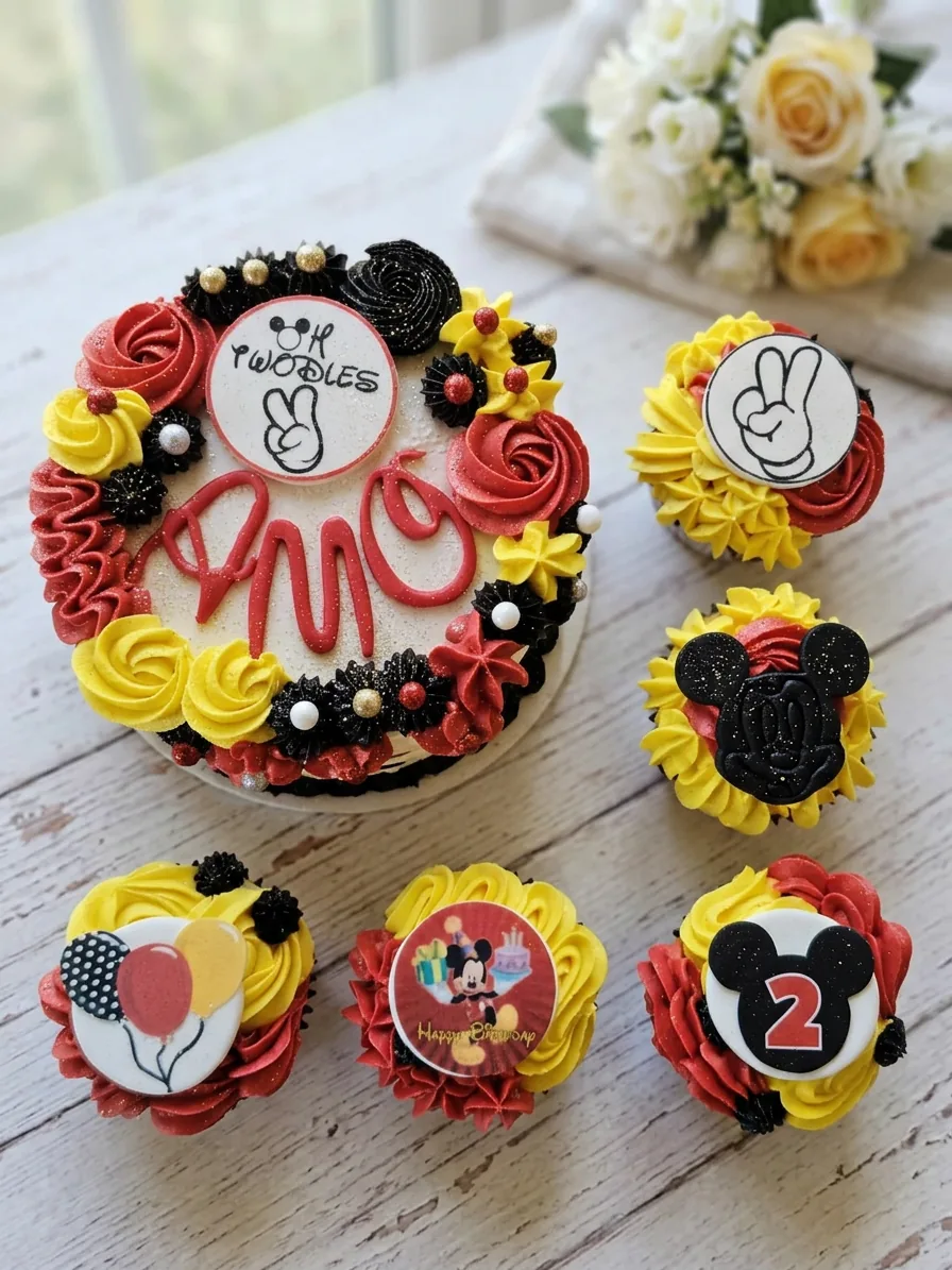 Mickey Mouse-themed birthday cake with matching red, yellow and black cupcakes
