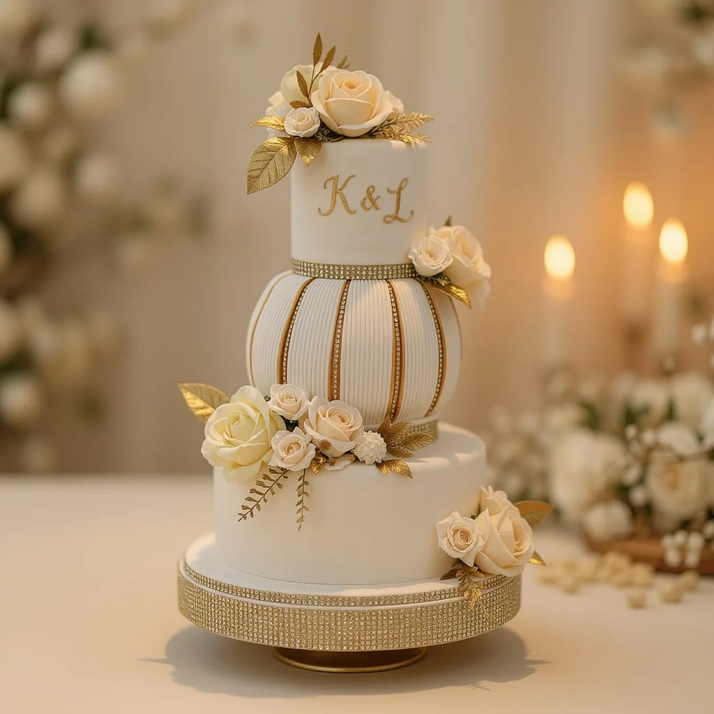 Three-tier wedding cake with soft florals and greenery