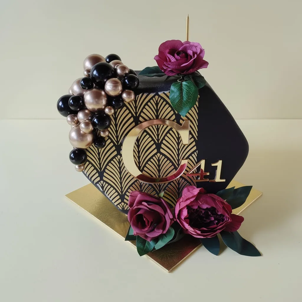 Black and gold superhero-inspired birthday cake
