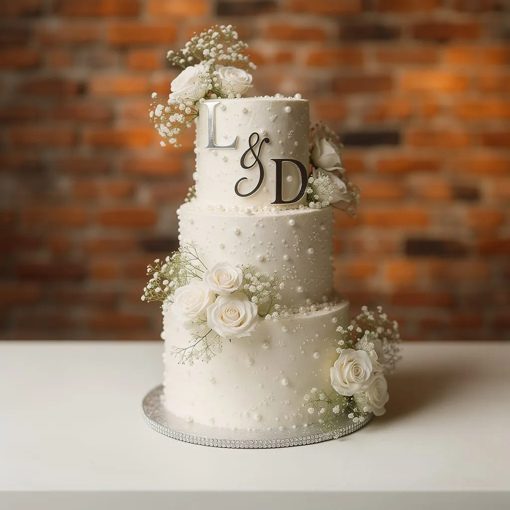 An elegant tiered celebration cake decorated with colorful flowers