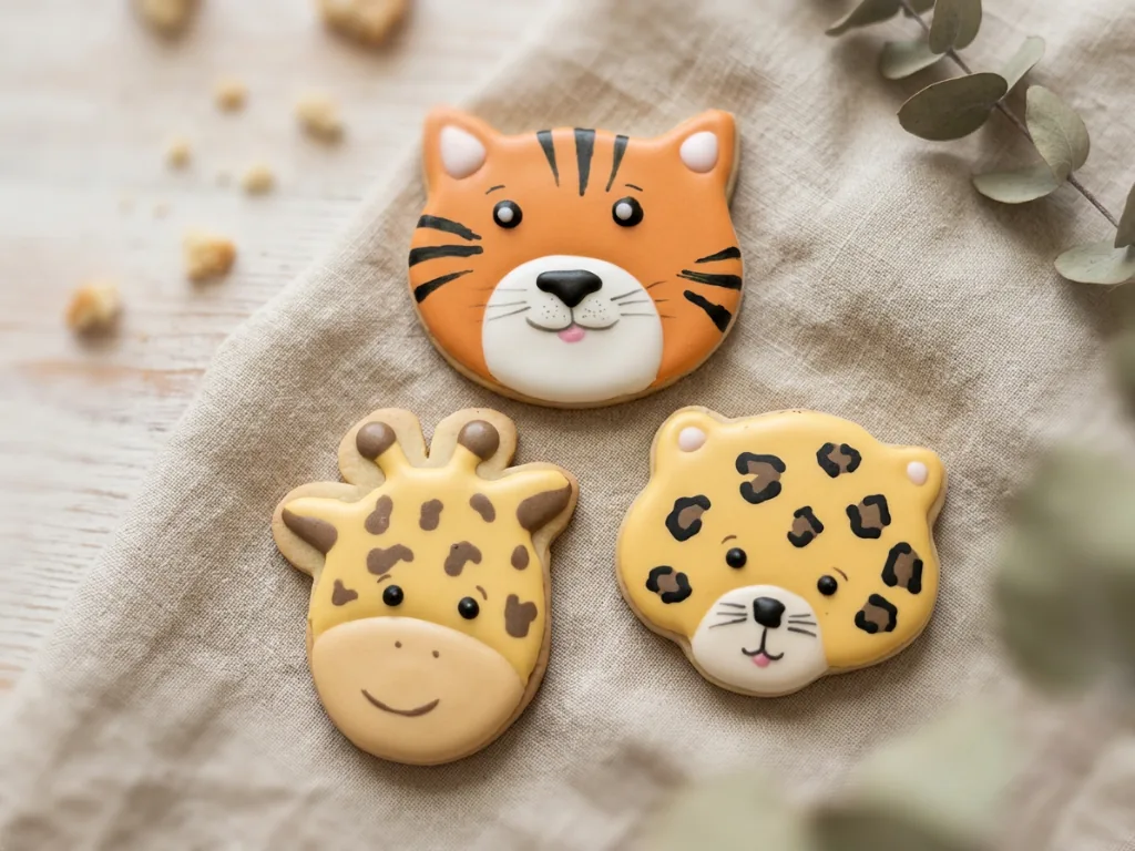 Adorable tiger, giraffe and leopard cookie faces on a neutral linen background